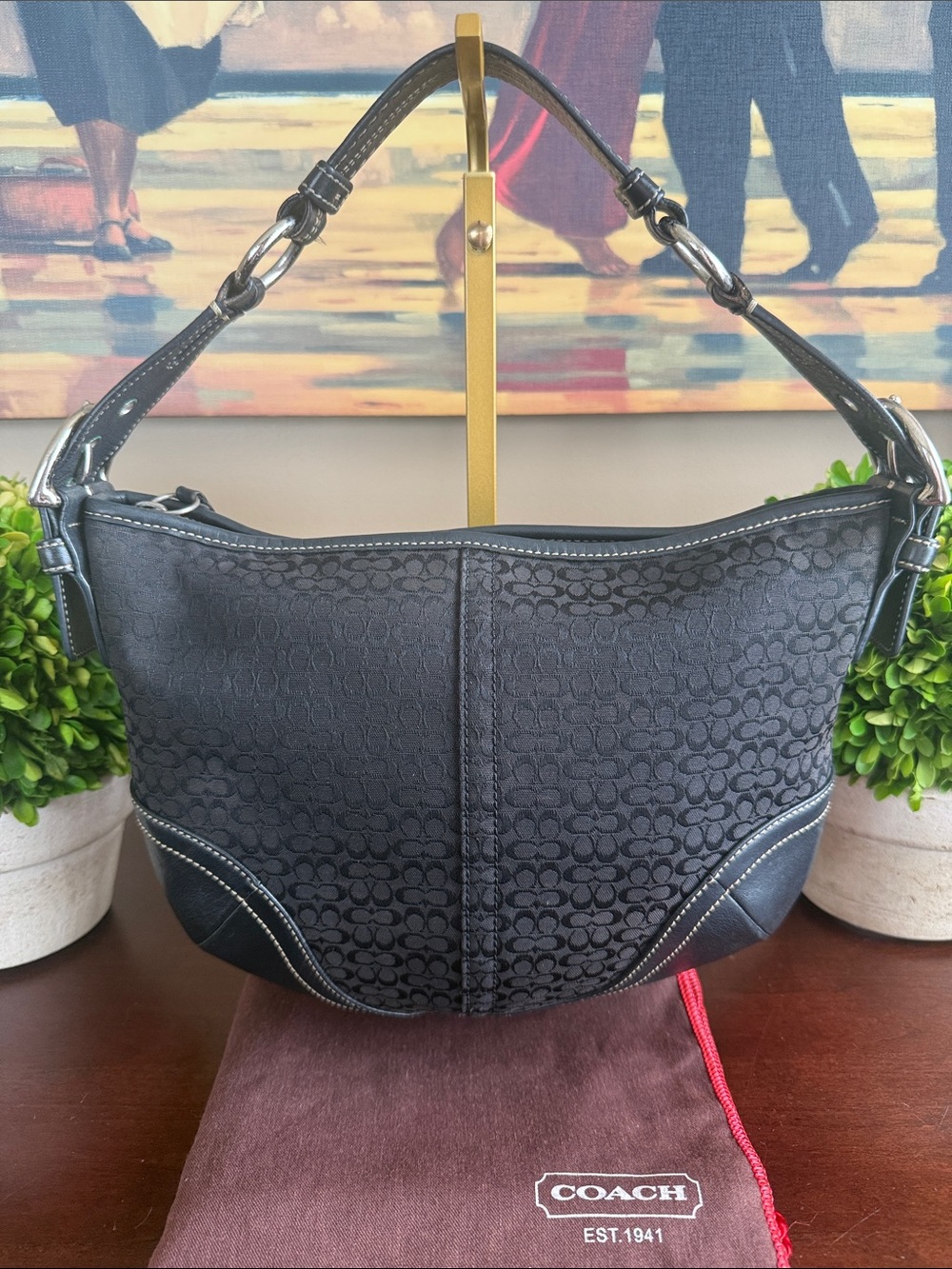 COACH F05N-1460 🖤BLACK🖤 VINTAGE SIGNATURE JACQUARD LEATHER HOBO BAG 🌟EUC🌟 - Picture 5 of 17